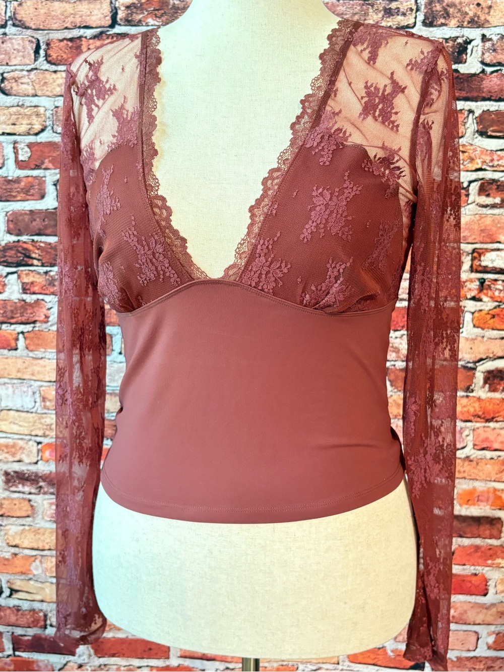 Free People Intimately Lace-Trim Deep V Long Sleeve Lace Mauve Boho Blouse Large